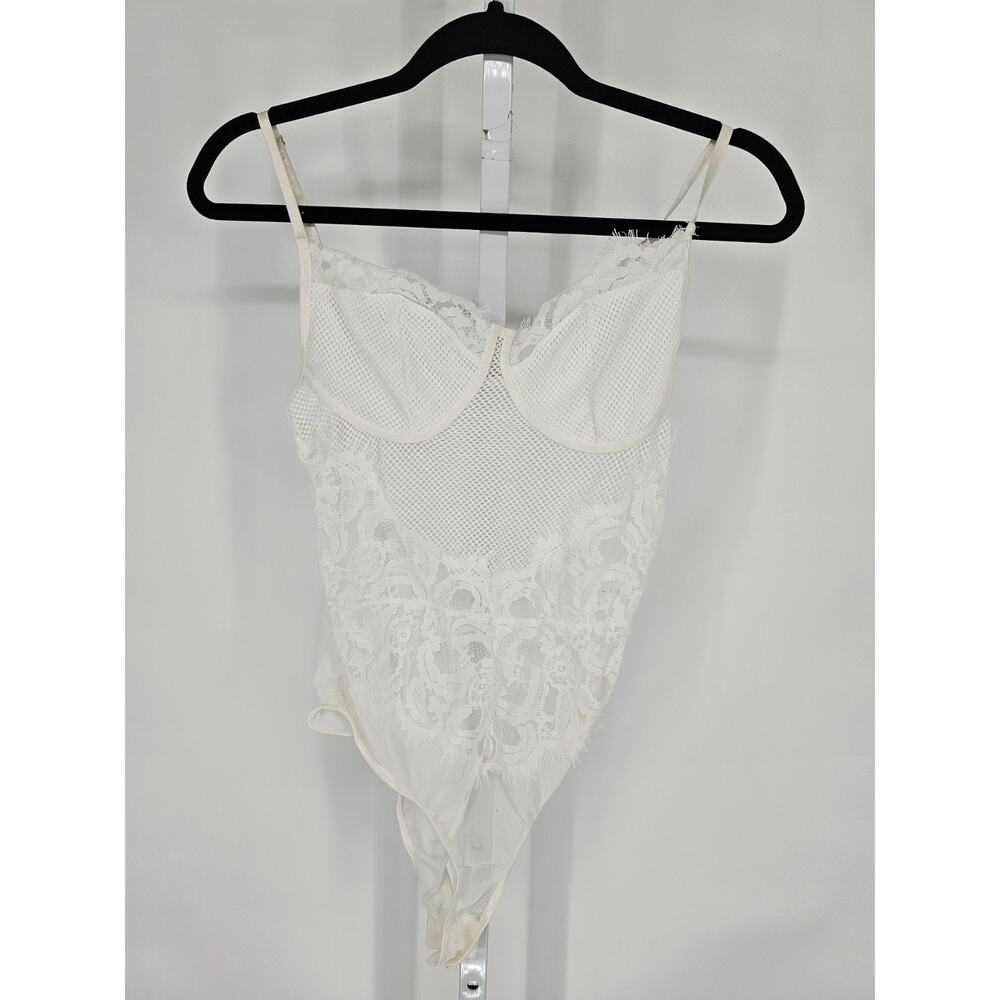 Vintage Y2K womens Sz M Bodysuit White Mesh Lace Rave Sheer Festival